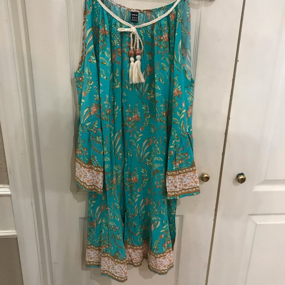 SHEIN Teal Floral Dress with Tassel Accents